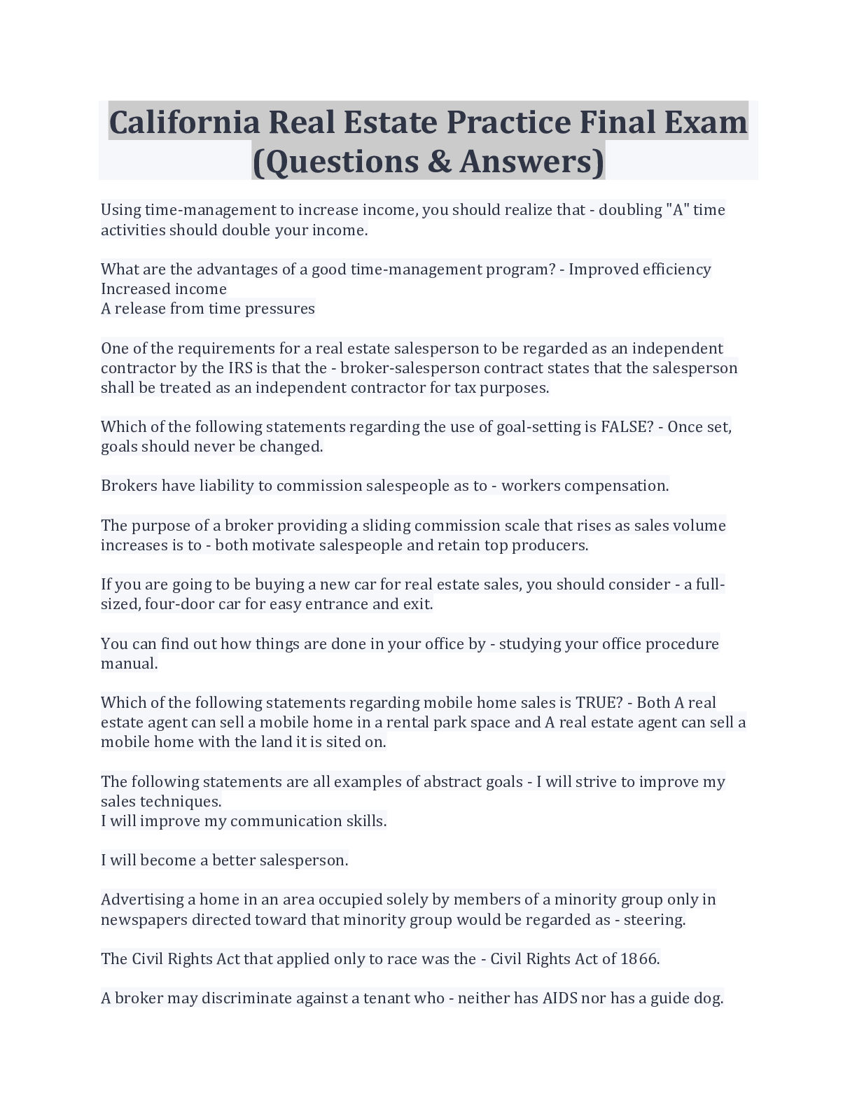 Preview image for California Real Estate Practice Final Exam (Questions & Answers) 100% Correct